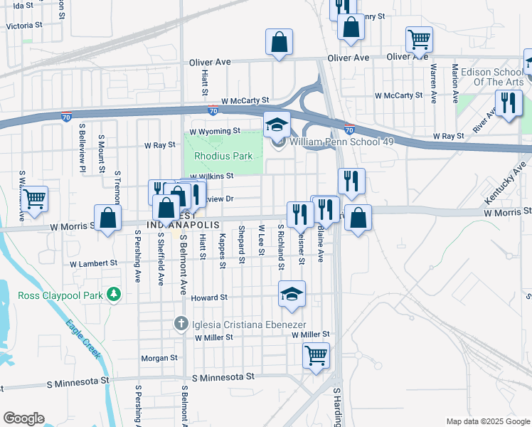 map of restaurants, bars, coffee shops, grocery stores, and more near 1750 West Morris Street in Indianapolis