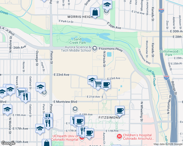 map of restaurants, bars, coffee shops, grocery stores, and more near in Aurora