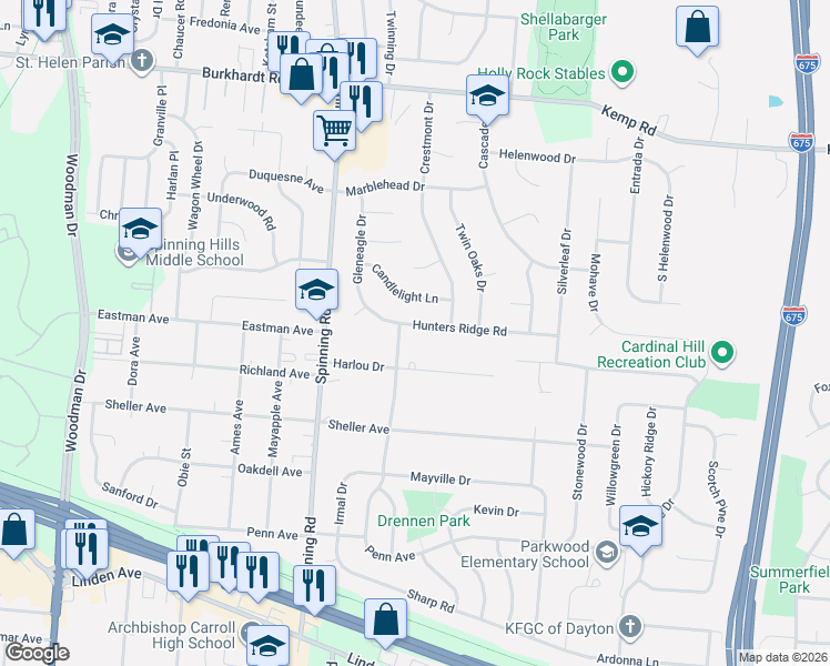 map of restaurants, bars, coffee shops, grocery stores, and more near 5654 Hunters Ridge Road in Dayton