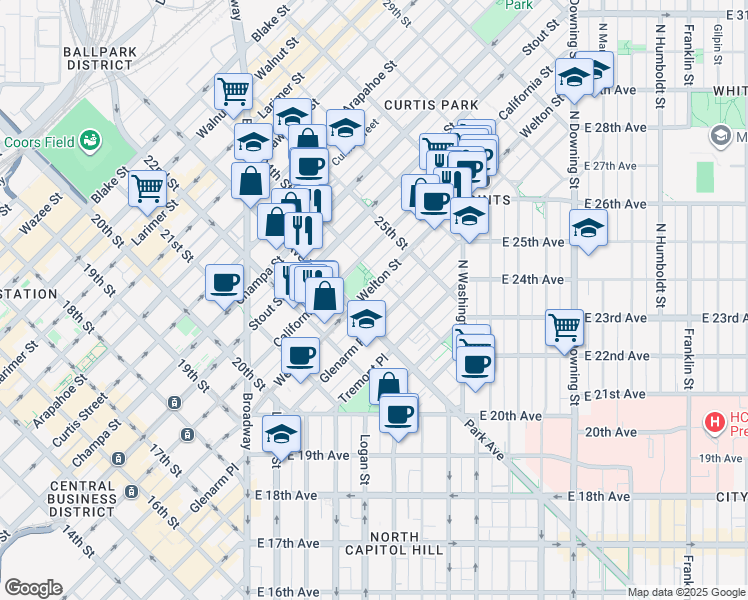map of restaurants, bars, coffee shops, grocery stores, and more near 2350 Welton Street in Denver