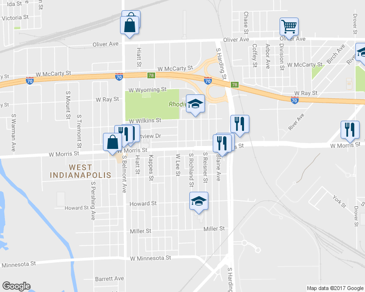 map of restaurants, bars, coffee shops, grocery stores, and more near 1746 West Morris Street in Indianapolis