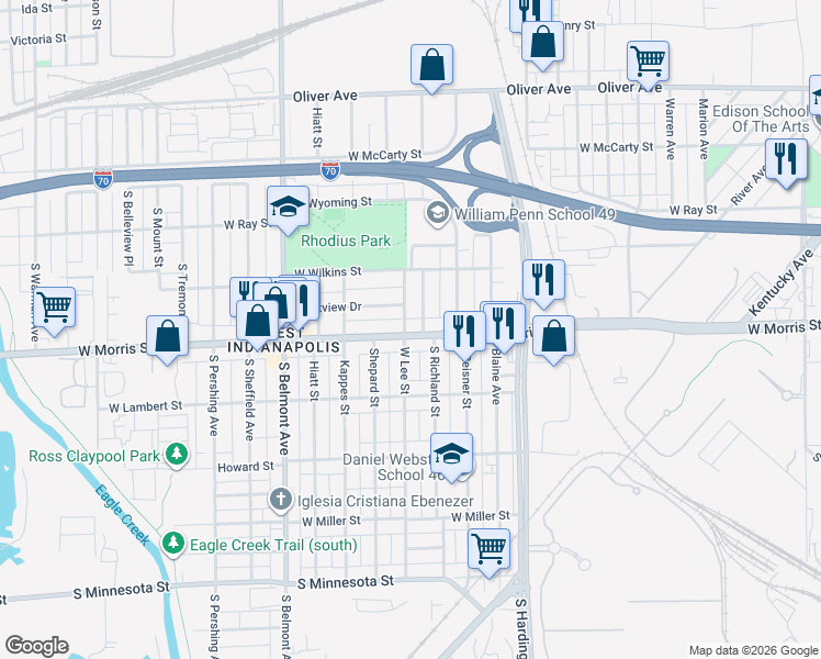 map of restaurants, bars, coffee shops, grocery stores, and more near 1750 West Morris Street in Indianapolis