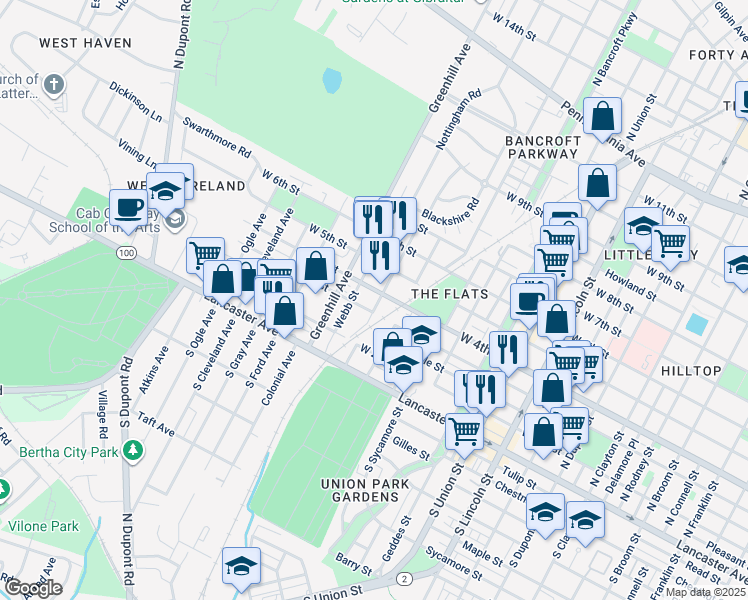 map of restaurants, bars, coffee shops, grocery stores, and more near 2500 West 4th Street in Wilmington