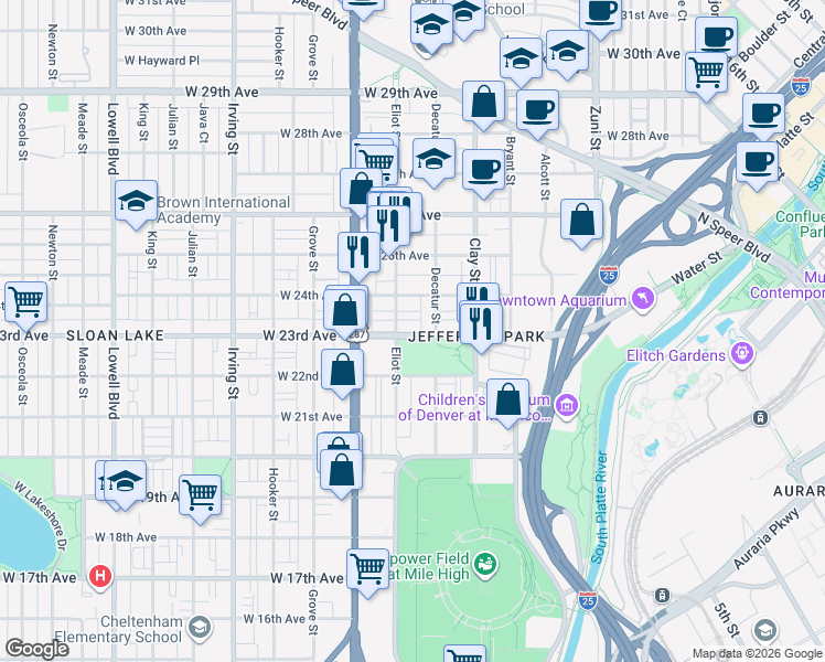 map of restaurants, bars, coffee shops, grocery stores, and more near 2851 West 23rd Avenue in Denver