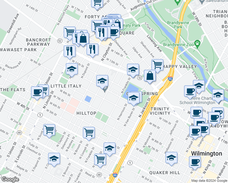 map of restaurants, bars, coffee shops, grocery stores, and more near 1317 West 10th Street in Wilmington