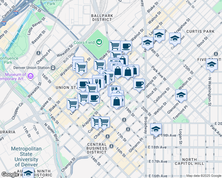 map of restaurants, bars, coffee shops, grocery stores, and more near 1900 Lawrence Street in Denver