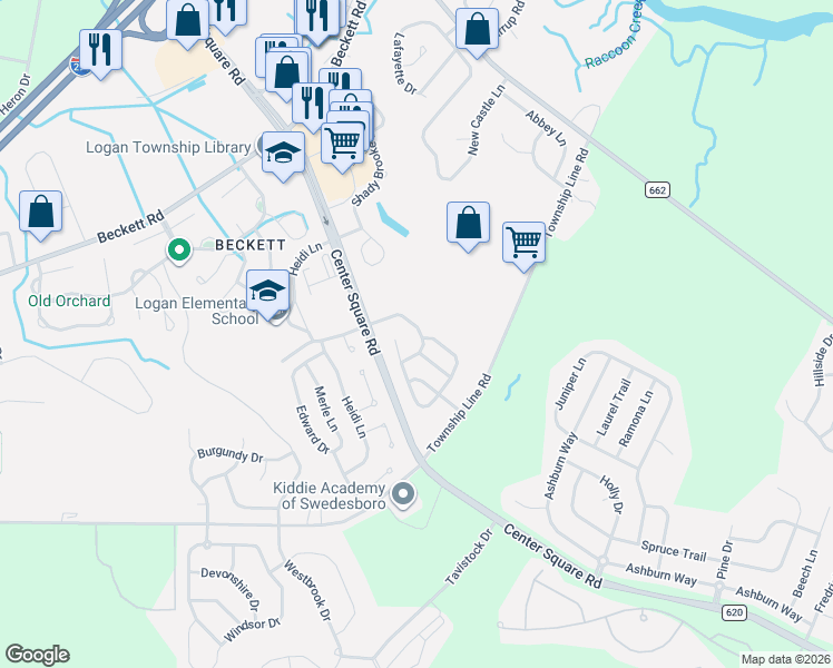 map of restaurants, bars, coffee shops, grocery stores, and more near 115 Stone Henge Drive in Logan Township