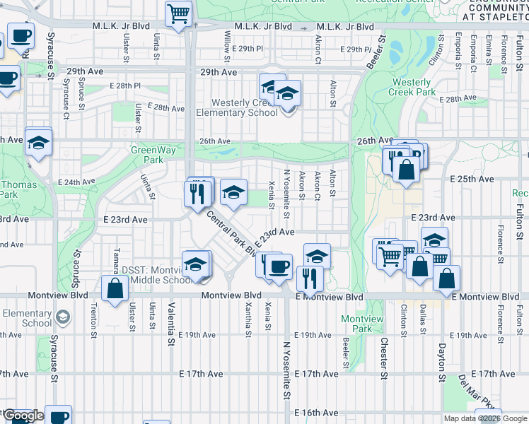 map of restaurants, bars, coffee shops, grocery stores, and more near 8772 East 24th Avenue in Denver