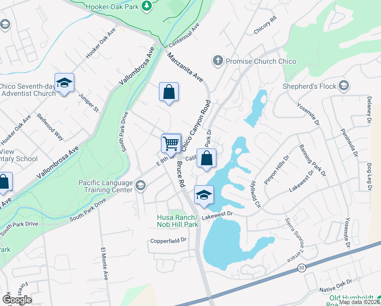 map of restaurants, bars, coffee shops, grocery stores, and more near 2580 California Park Drive in Chico
