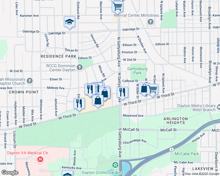 map of restaurants, bars, coffee shops, grocery stores, and more near 133 Melwood Avenue in Dayton