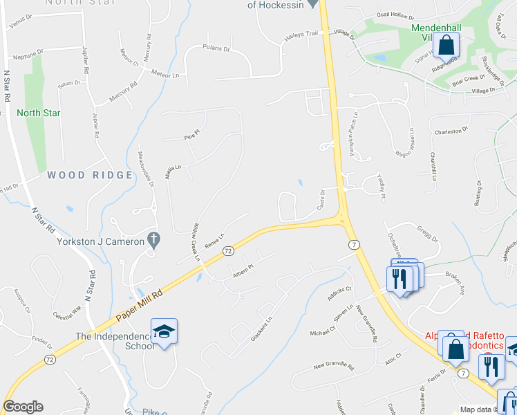 map of restaurants, bars, coffee shops, grocery stores, and more near 40 Renee Lane in Newark