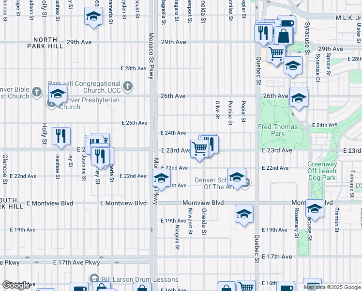 map of restaurants, bars, coffee shops, grocery stores, and more near 2310 Niagara Street in Denver