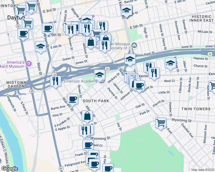 map of restaurants, bars, coffee shops, grocery stores, and more near 500 Hickory Street in Dayton