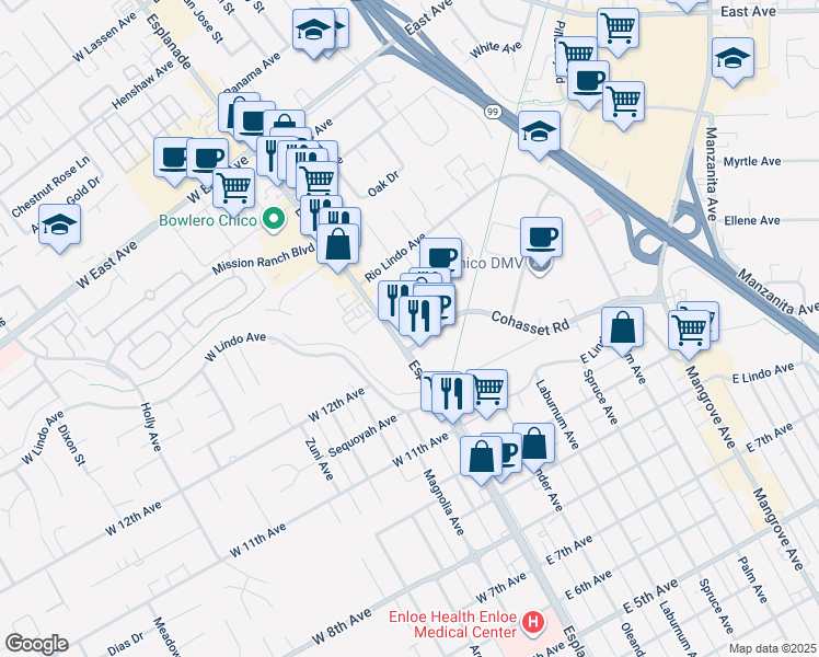 map of restaurants, bars, coffee shops, grocery stores, and more near 2234 Esplanade in Chico
