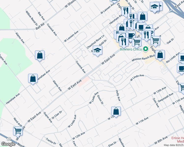 map of restaurants, bars, coffee shops, grocery stores, and more near 34 Pebblewood Pines Drive in Chico