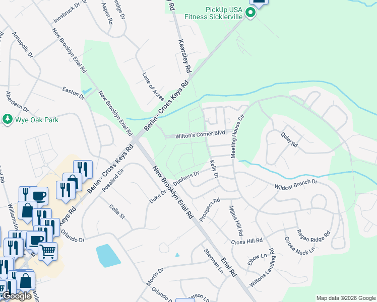 map of restaurants, bars, coffee shops, grocery stores, and more near Wilton's Corner Boulevard in Berlin Township