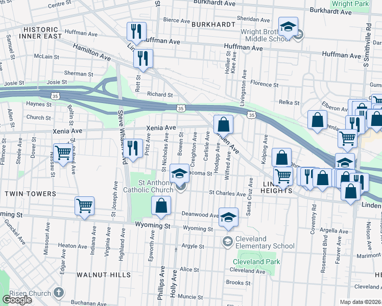 map of restaurants, bars, coffee shops, grocery stores, and more near 621 Creighton Avenue in Dayton