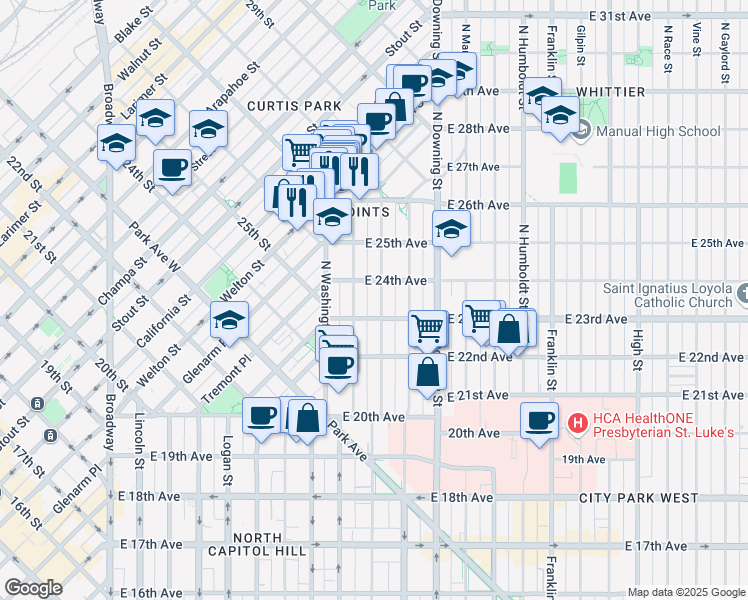 map of restaurants, bars, coffee shops, grocery stores, and more near 2301 Emerson Street in Denver