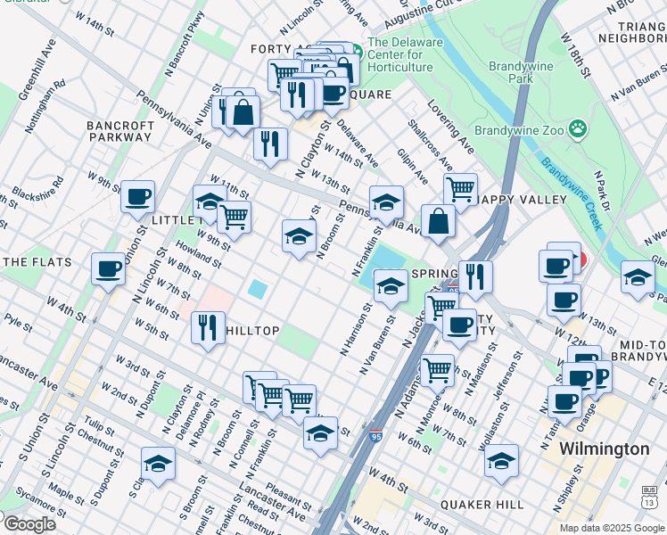 map of restaurants, bars, coffee shops, grocery stores, and more near 1317 West 10th Street in Wilmington
