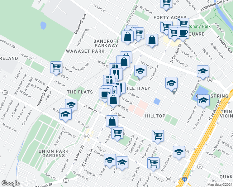 map of restaurants, bars, coffee shops, grocery stores, and more near 1913 West 7th Street in Wilmington