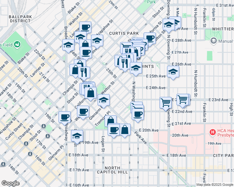 map of restaurants, bars, coffee shops, grocery stores, and more near 471 24th Street in Denver