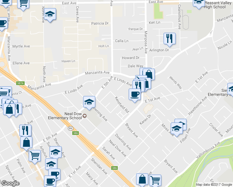 map of restaurants, bars, coffee shops, grocery stores, and more near 1348 Kentfield Road in Chico