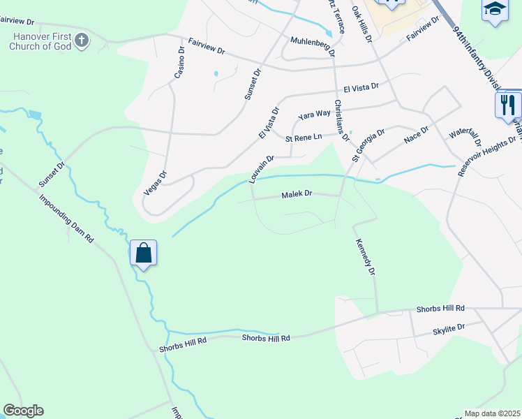 map of restaurants, bars, coffee shops, grocery stores, and more near 68 Louvain Drive in Hanover