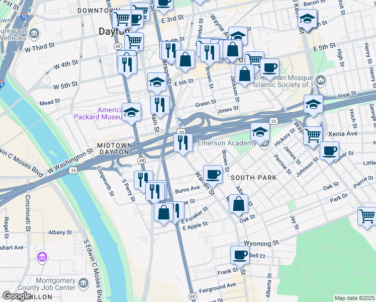 map of restaurants, bars, coffee shops, grocery stores, and more near 708 South Jefferson Street in Dayton
