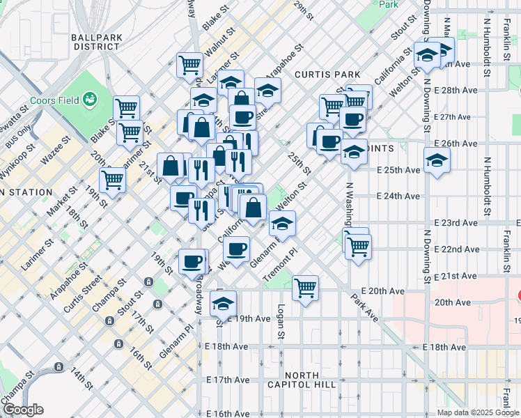 map of restaurants, bars, coffee shops, grocery stores, and more near 2260 California Street in Denver