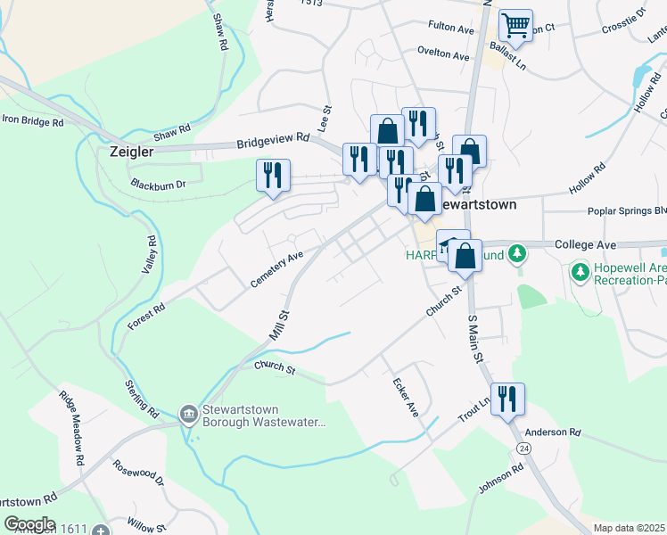 map of restaurants, bars, coffee shops, grocery stores, and more near 61 West Pennsylvania Avenue in Stewartstown