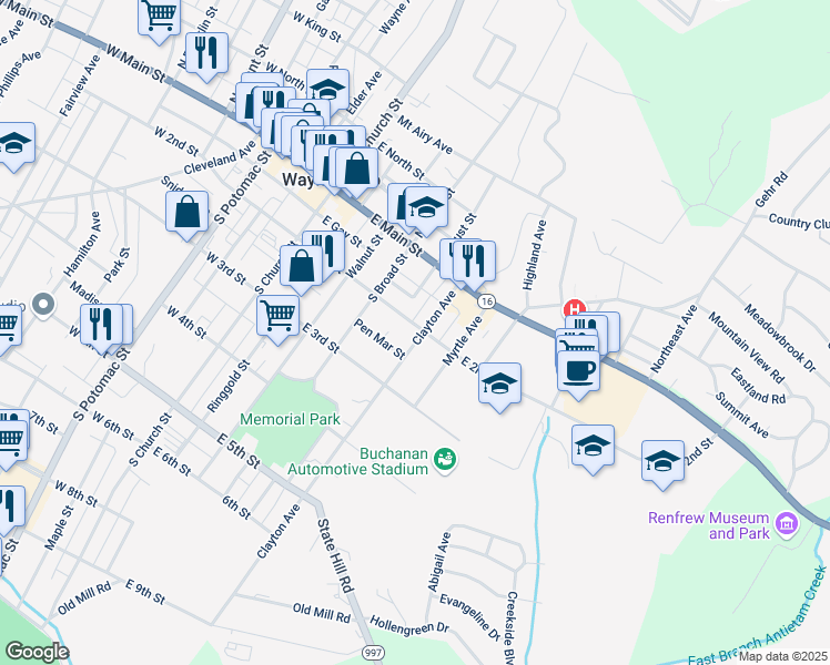 map of restaurants, bars, coffee shops, grocery stores, and more near 156 East 2nd Street in Waynesboro
