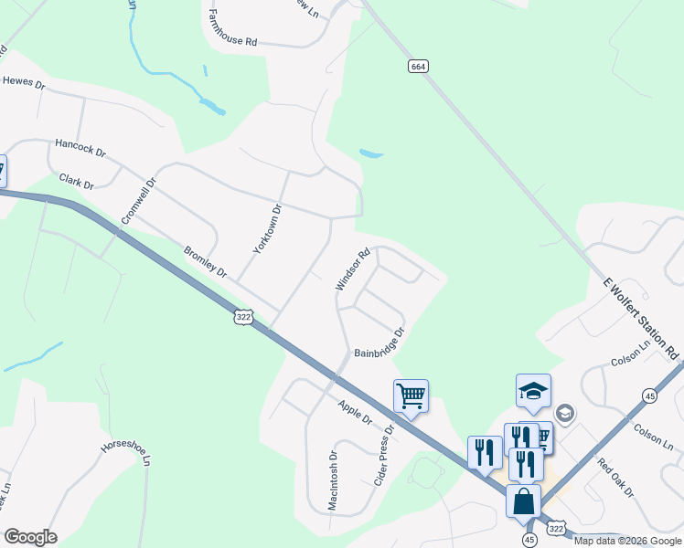 map of restaurants, bars, coffee shops, grocery stores, and more near 311 Windsor Road in Harrison Township