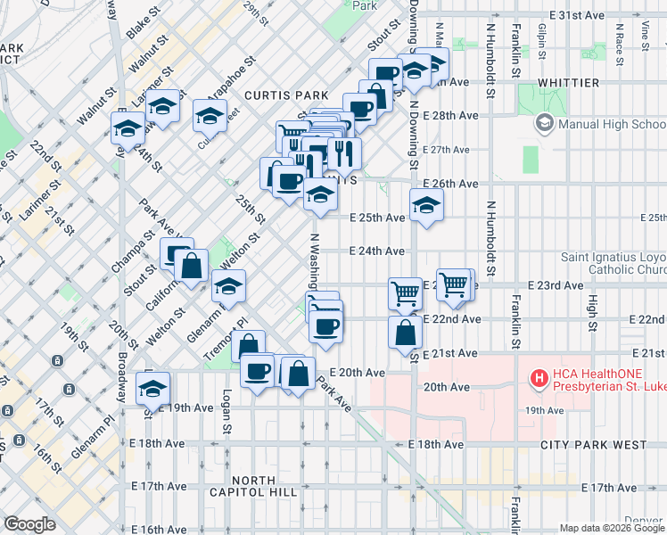 map of restaurants, bars, coffee shops, grocery stores, and more near 2330 North Washington Street in Denver