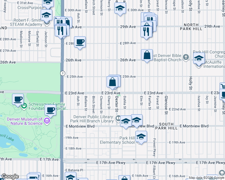 map of restaurants, bars, coffee shops, grocery stores, and more near 2300 Cherry Street in Denver