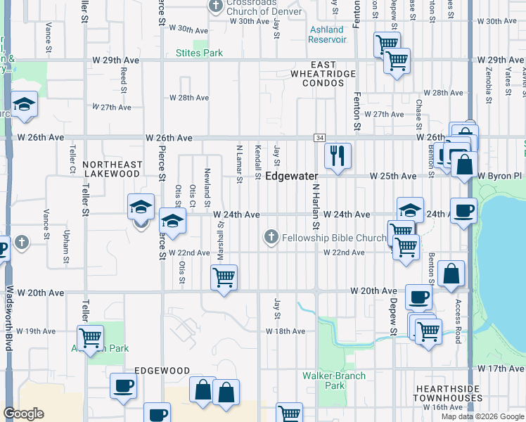 map of restaurants, bars, coffee shops, grocery stores, and more near 2410 Kendall Street in Edgewater