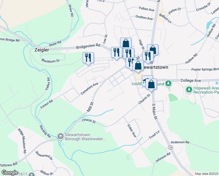 map of restaurants, bars, coffee shops, grocery stores, and more near 61 West Pennsylvania Avenue in Stewartstown