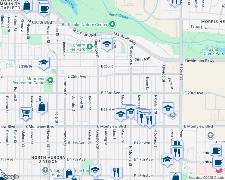 map of restaurants, bars, coffee shops, grocery stores, and more near 2316 Lima Street in Aurora