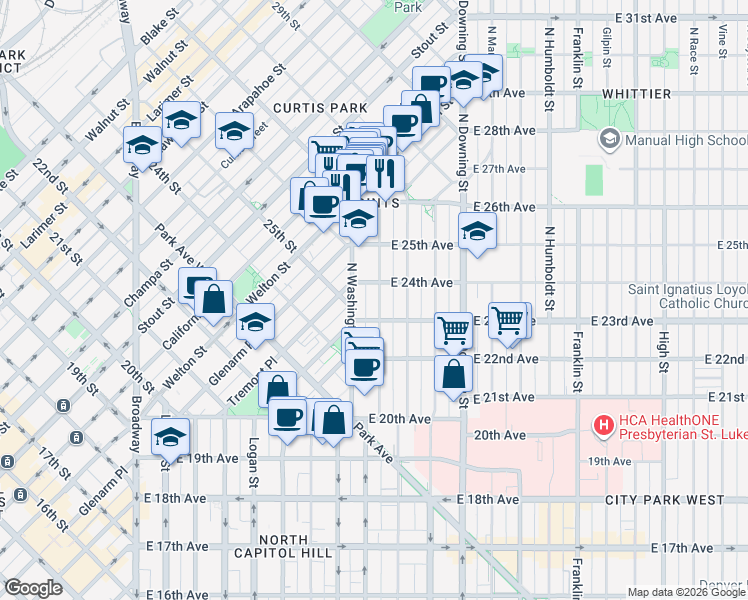 map of restaurants, bars, coffee shops, grocery stores, and more near 2330 North Washington Street in Denver