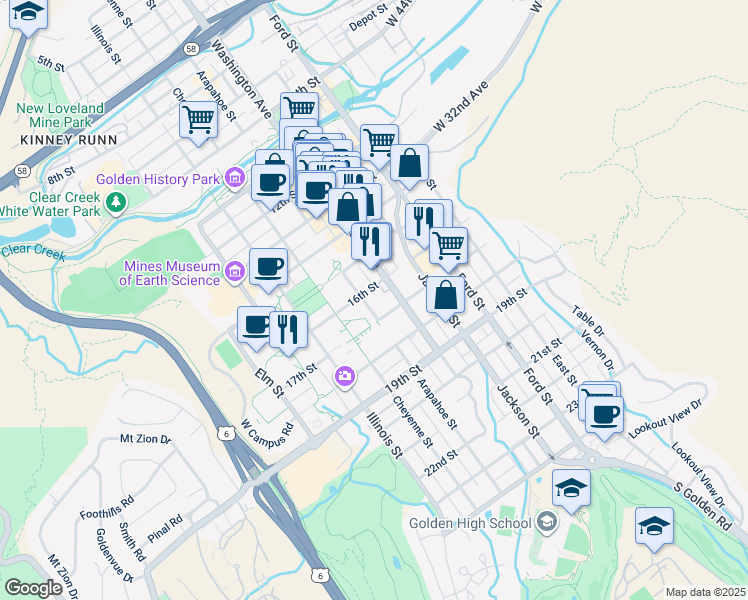 map of restaurants, bars, coffee shops, grocery stores, and more near 821 16th Street in Golden