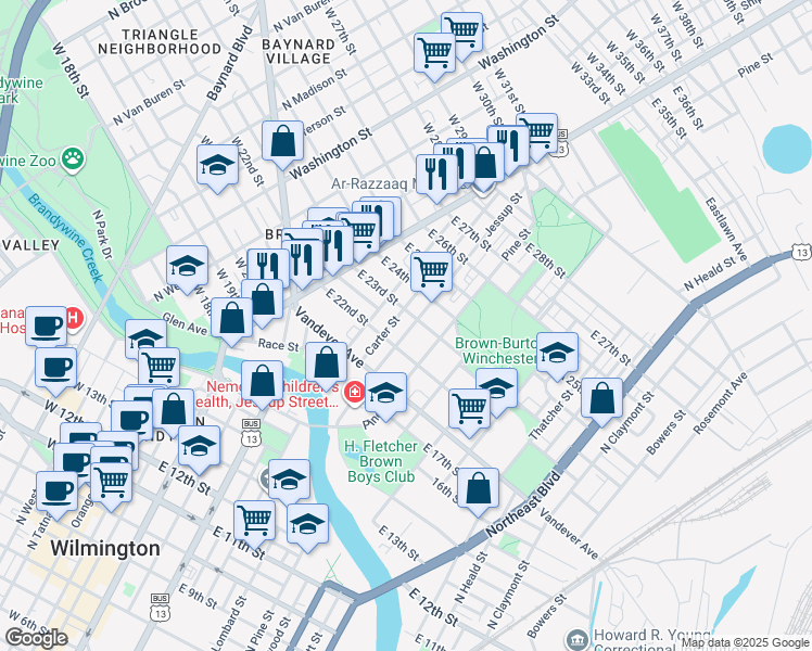 map of restaurants, bars, coffee shops, grocery stores, and more near 2227 Carter Street in Wilmington