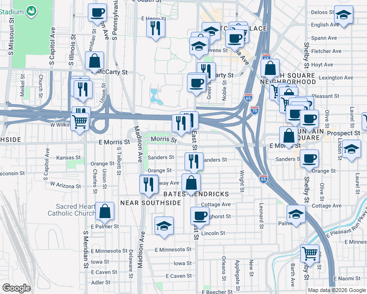 map of restaurants, bars, coffee shops, grocery stores, and more near 409 East Morris Street in Indianapolis