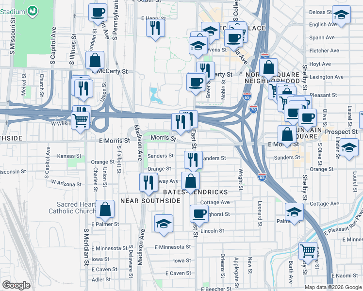 map of restaurants, bars, coffee shops, grocery stores, and more near 409 East Morris Street in Indianapolis