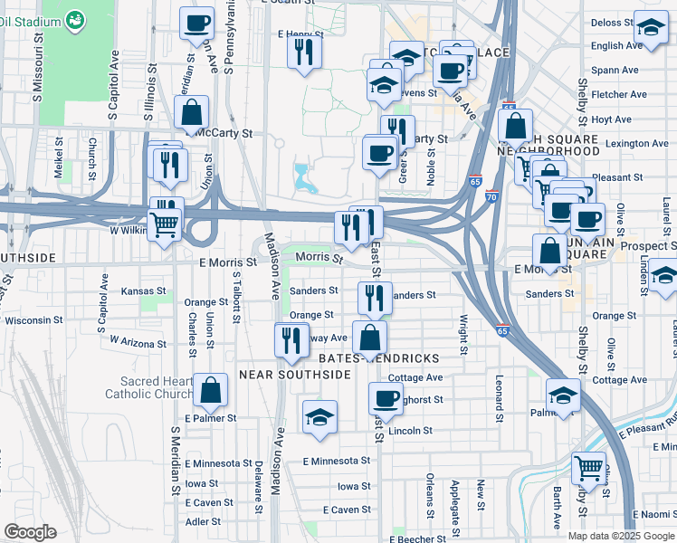 map of restaurants, bars, coffee shops, grocery stores, and more near 409 East Morris Street in Indianapolis