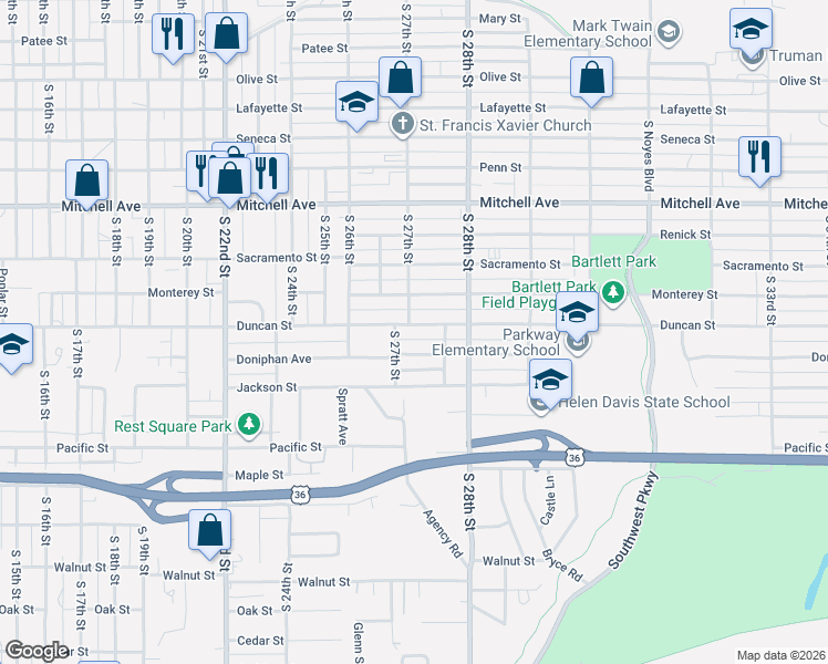 map of restaurants, bars, coffee shops, grocery stores, and more near 2708 Duncan Street in Saint Joseph