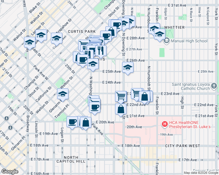 map of restaurants, bars, coffee shops, grocery stores, and more near 2301 Emerson Street in Denver