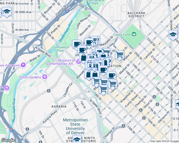map of restaurants, bars, coffee shops, grocery stores, and more near 1515 Wynkoop Street in Denver