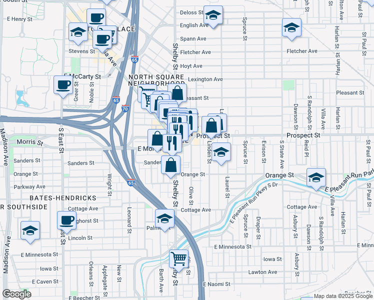 map of restaurants, bars, coffee shops, grocery stores, and more near 1130 Olive Street in Indianapolis