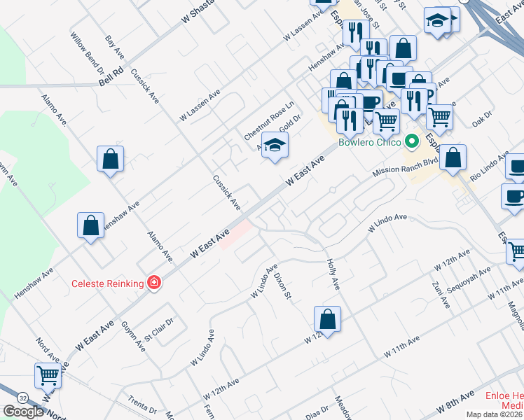map of restaurants, bars, coffee shops, grocery stores, and more near 33 Pebblewood Pines Drive in Chico