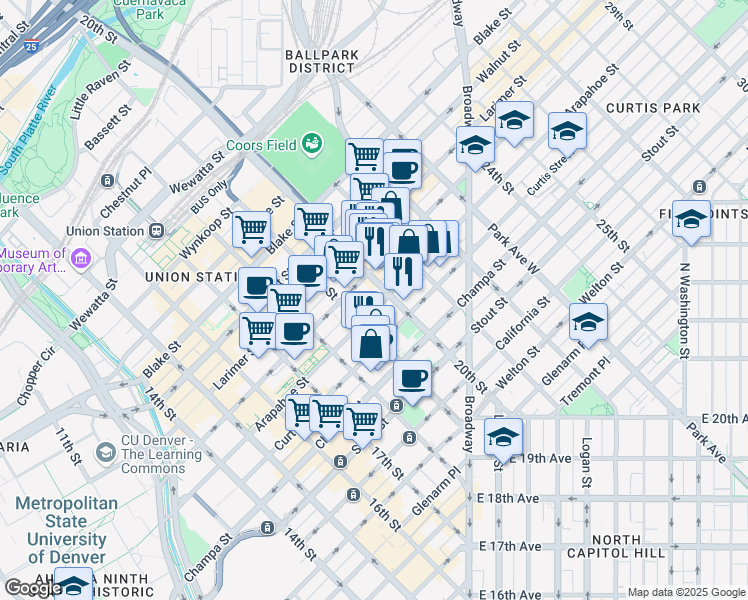 map of restaurants, bars, coffee shops, grocery stores, and more near 1955 Arapahoe Street in Denver