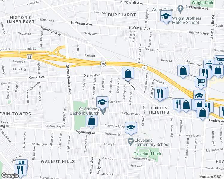 map of restaurants, bars, coffee shops, grocery stores, and more near 618 Creighton Avenue in Dayton